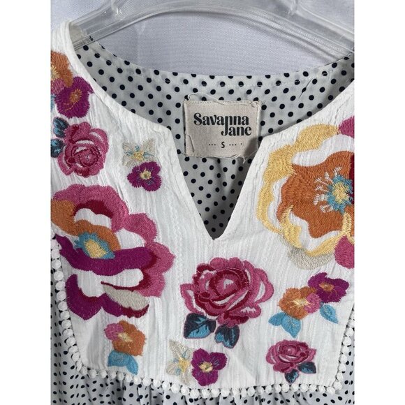 Savanna Jane Cap Sleeve V Neck Embroidered Floral Polka Dot Blouse Womens Size S - Picture 2 of 5